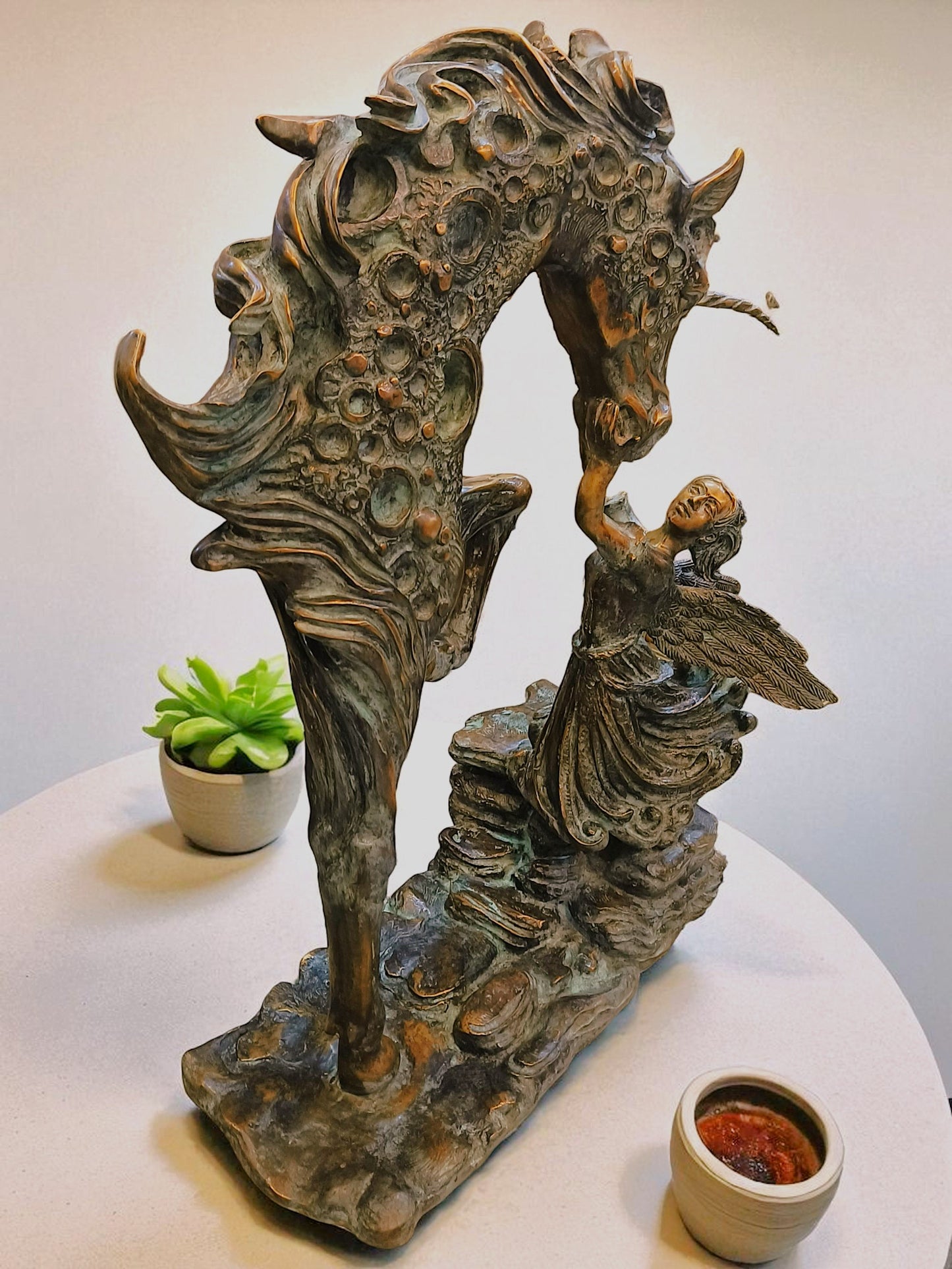 Decorative Bronze Sculpture a Mythical Unicorn-Like Horse and a Fairy/angel Figure.
