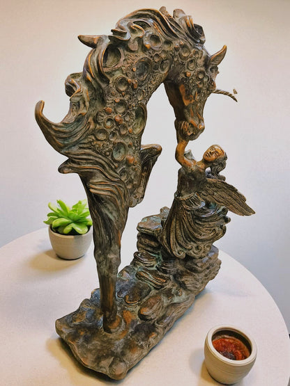 Decorative Bronze Sculpture a Mythical Unicorn-Like Horse and a Fairy/angel Figure.
