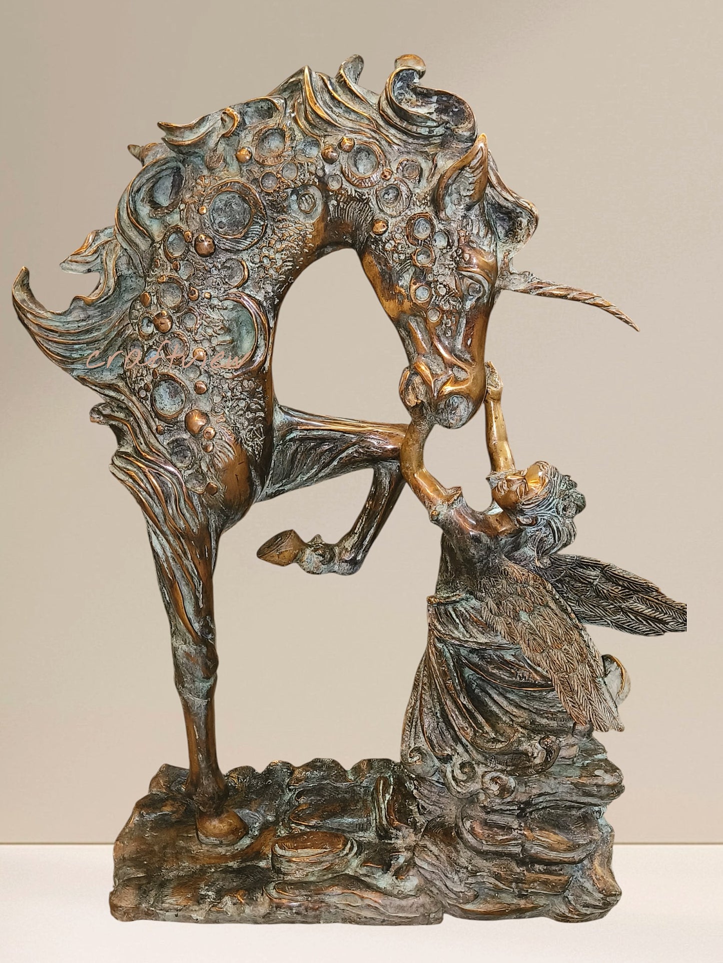 Decorative Bronze Sculpture a Mythical Unicorn-Like Horse and a Fairy/angel Figure.