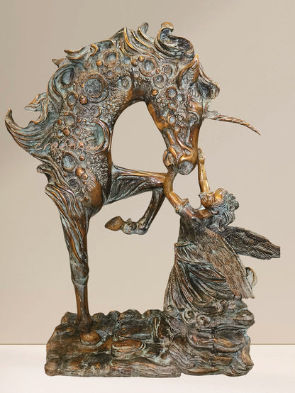 Decorative Bronze Sculpture a Mythical Unicorn-Like Horse and a Fairy/angel Figure.