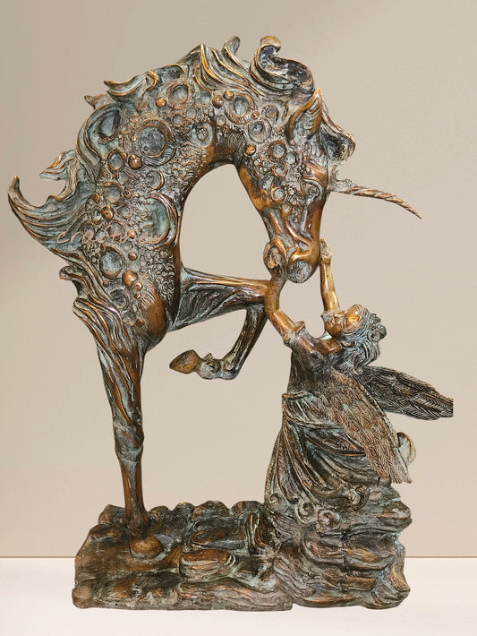 Decorative Bronze Sculpture a Mythical Unicorn-Like Horse and a Fairy/angel Figure.
